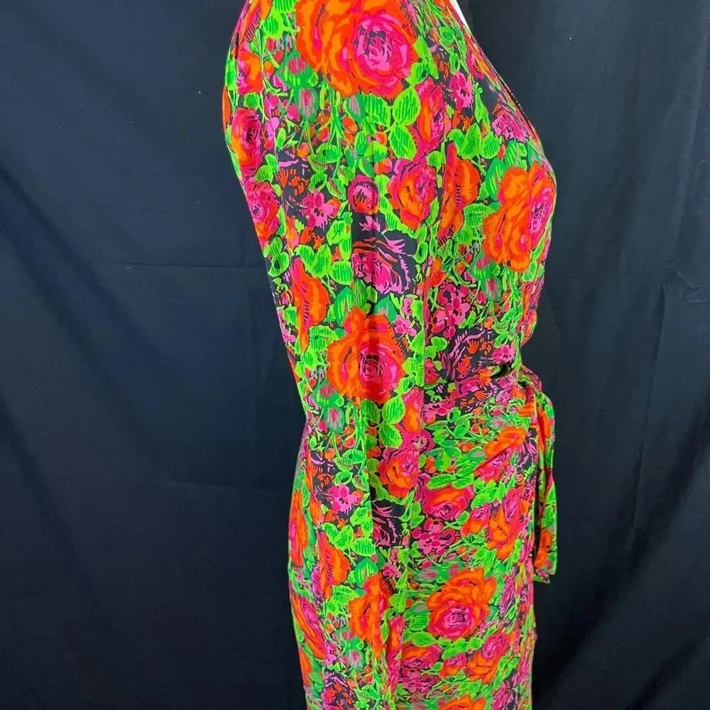 Zara Neon Green & Hot Pink Floral Long Sleeve Wrap Dress - Picture 4 of 5